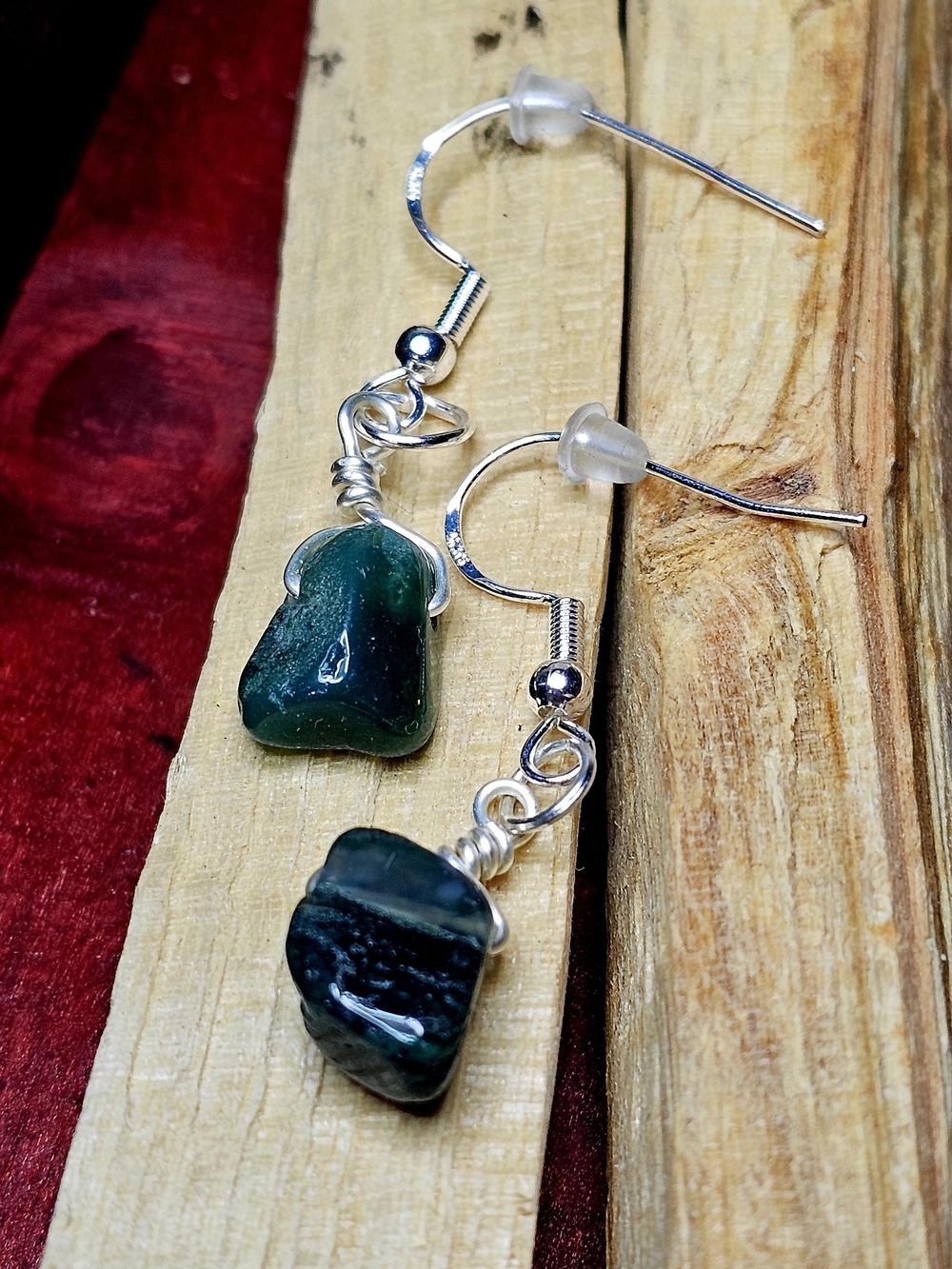 Handcrafted Indian Agate Green Stone Dangle Earrings Sterling Silver 925 Hooks